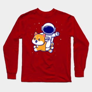 Cute Astronaut Flying With Shiba Inu Dog In Space Cartoon Long Sleeve T-Shirt